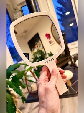 Chanel ORIGINAL White Handheld Mirror. New in Box w Plastic holder in place. GWP